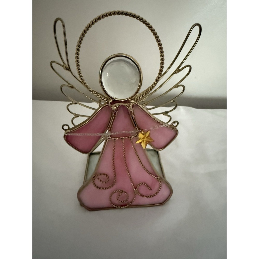 Christmas Stained‎ Glass Angel Tea Light Candle Holder Gold Star Charm 7" Tall